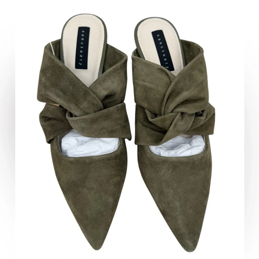 Sanctuary Sunset 2.0 Mossy Green Suede Bow Mule Heels 8.5 NIB Woodgrain Heel ECO